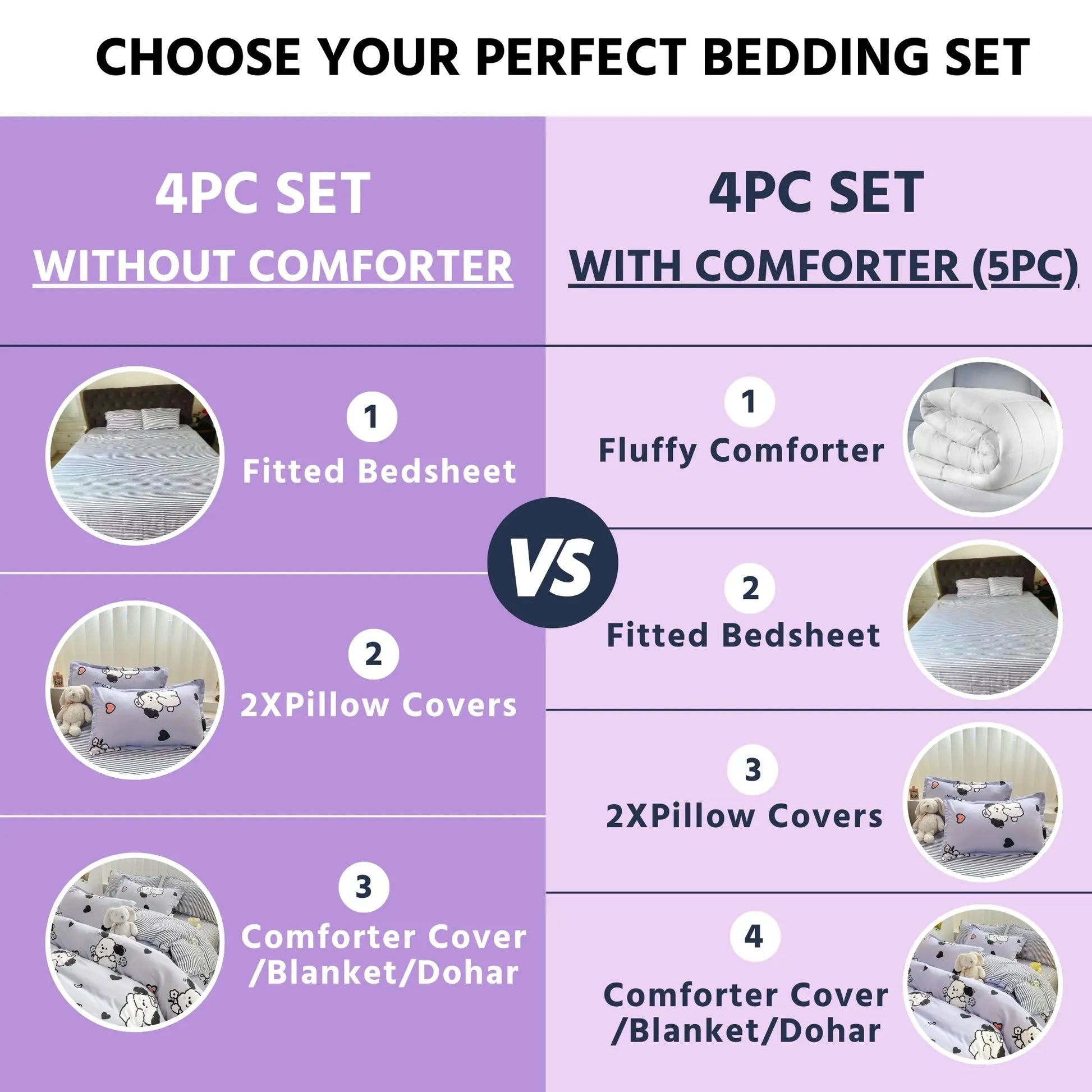 Famyo's Bedding set: 4PC set without comforter VS 4PC set with comforter(5PC)