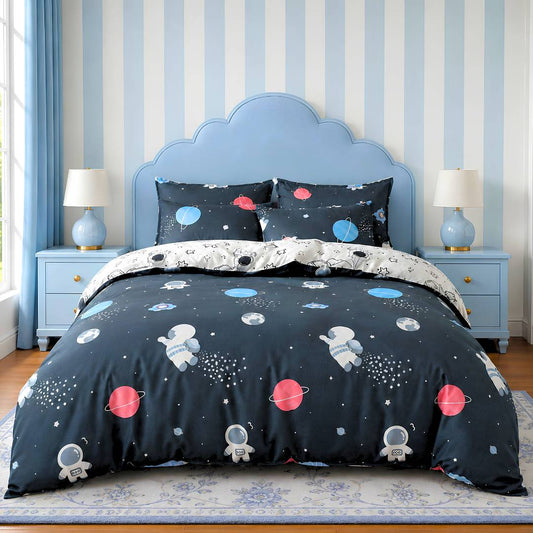 Astronaut in Space King Size AC Comforter Set | 4 & 5 Piece Options | 250 TC Cotton Fitted Bedsheet | 150 GSM Lightweight All-Season Bedding Set with Pillow Covers