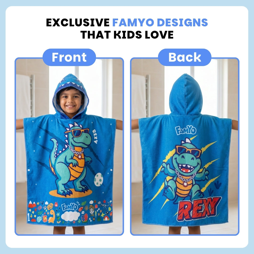Rexy the Dino hooded poncho towel for kids featuring soft quick-dry terry fabric, lightweight absorbent design, wearable hood with knee-length coverage, and ideal for bath, beach, pool, swimming, travel, and everyday use.