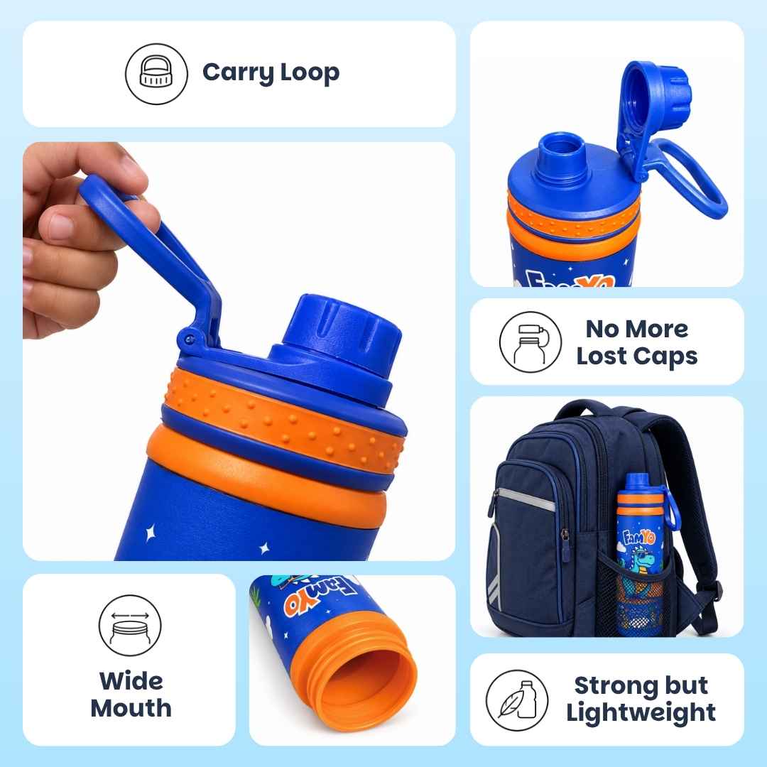 Kids stainless steel water bottle available in June the Unicorn, Rexy the Dinosaur, Leo the Astronaut, Dark Blue Astronaut, and Lavender Unicorn designs, featuring a 900 ml capacity, ideal for school, travel, and everyday hydration.