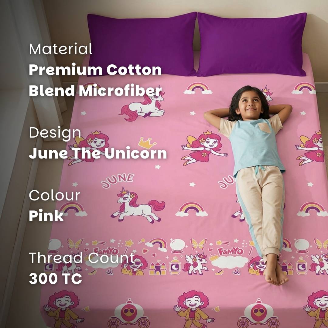 Famyo Glow Bedsheet - june the unicorn design for kids - cotton blend microfiber - 300 tc - pink - unicorn design