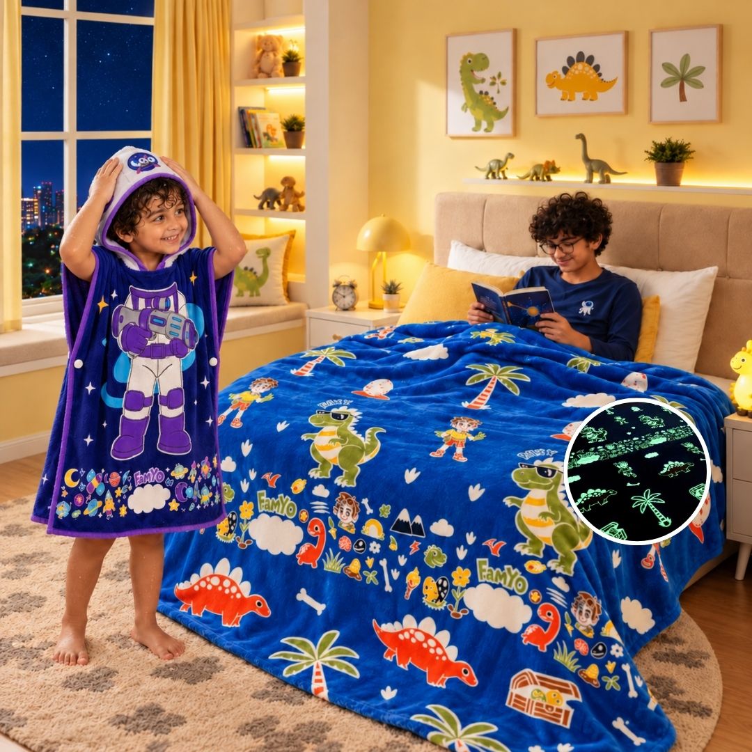 Dark Blue Astronaut & Rexy the Dino Glow in the Dark Blanket/Ouilt/ AC Comforter Combo for Kids | Set of 2 Queen Size