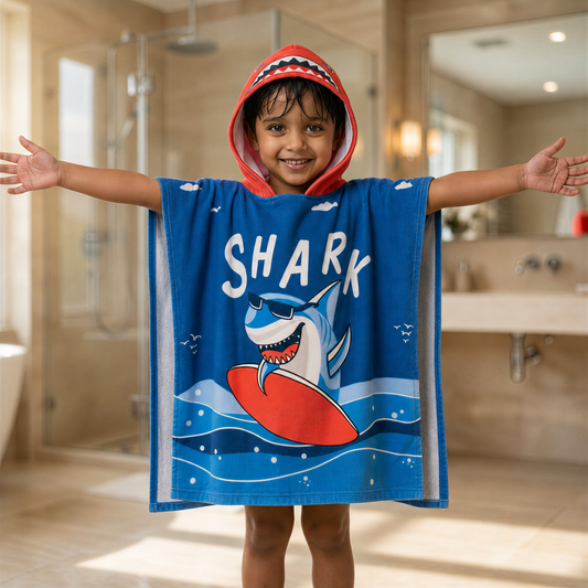 Dark Blue Shark Dive Hooded Poncho Towel for Kids | Quick-Dry, Highly Absorbent Microfiber Bath Towel