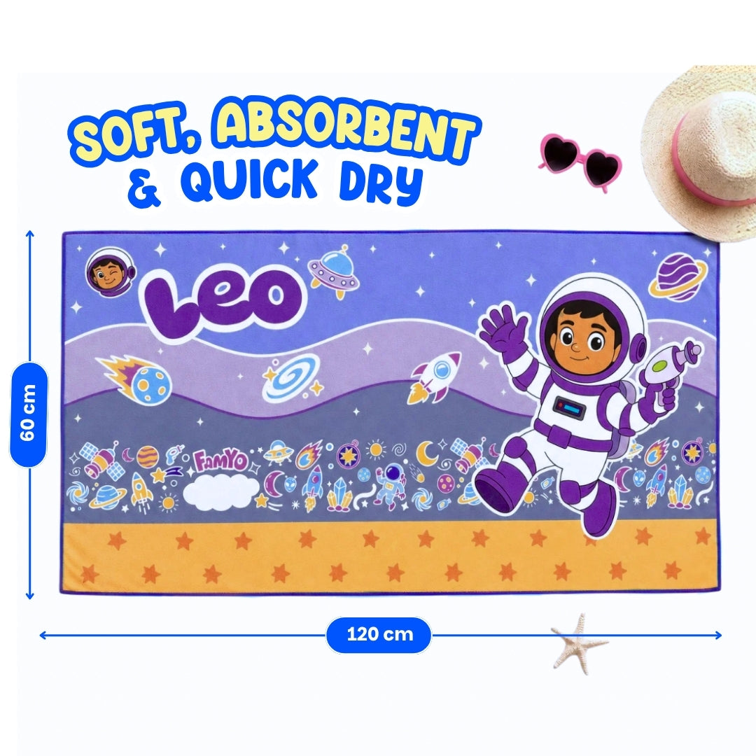 Leo the Astronaut kids towel featuring soft quick-dry terry fabric, lightweight absorbent design, 70 × 140 cm size, and ideal for bath, beach, pool, swimming, travel, and everyday use.