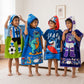 Football, Rexy the Dino, Dark Blue Shark, and Dark Blue Astronaut hooded poncho towel set of 4 for kids, featuring soft quick-dry microfiber towels for bath time, swimming, beach trips, pool days, and travel.