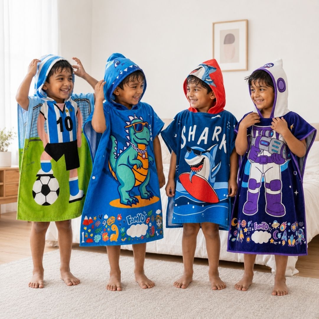 Football, Rexy the Dino, Dark Blue Shark, and Dark Blue Astronaut hooded poncho towel set of 4 for kids, featuring soft quick-dry microfiber towels for bath time, swimming, beach trips, pool days, and travel.