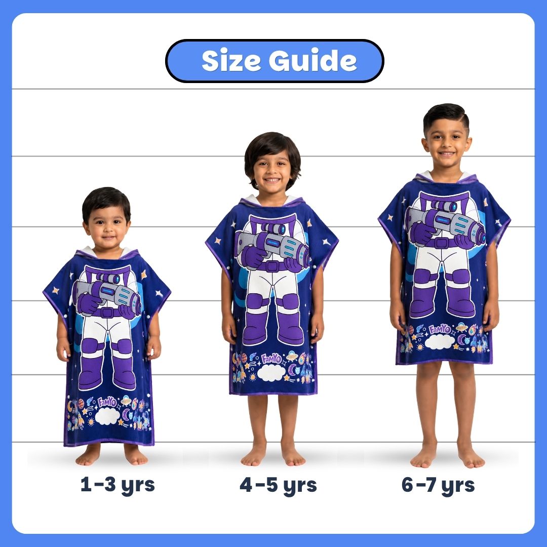 Dark Blue Astronaut hooded poncho towel for kids featuring ultra-soft quick-dry microfiber fabric, lightweight wearable design, attached hood, knee-length coverage, and ideal for bath, beach, pool, swimming, travel, and everyday use.