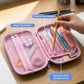 Famyo Pink pencil case with unicorn design for kids school stationery organisation - three storage sections, mesh zip pouch, pen holders and spacious main compartment