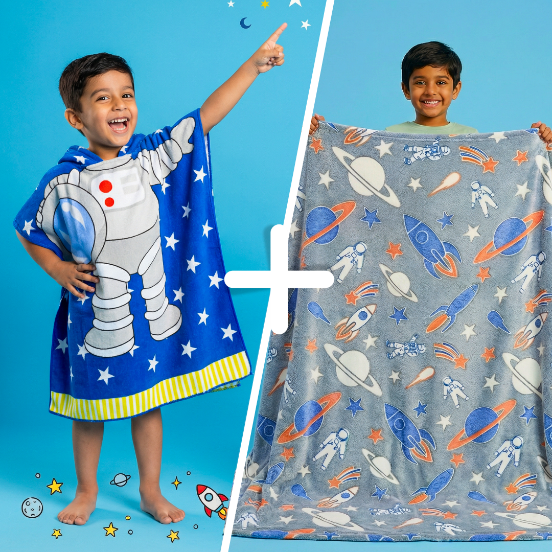 Famyo Exclusive Gift Bundle – Rocket Spaceship Glow Blanket + Astro Hooded Towel for Kids