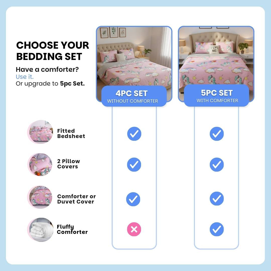 Pink Unicorn & Rainbow 250TC King Bed Sheet Set (Set of 4 or Set of 5)