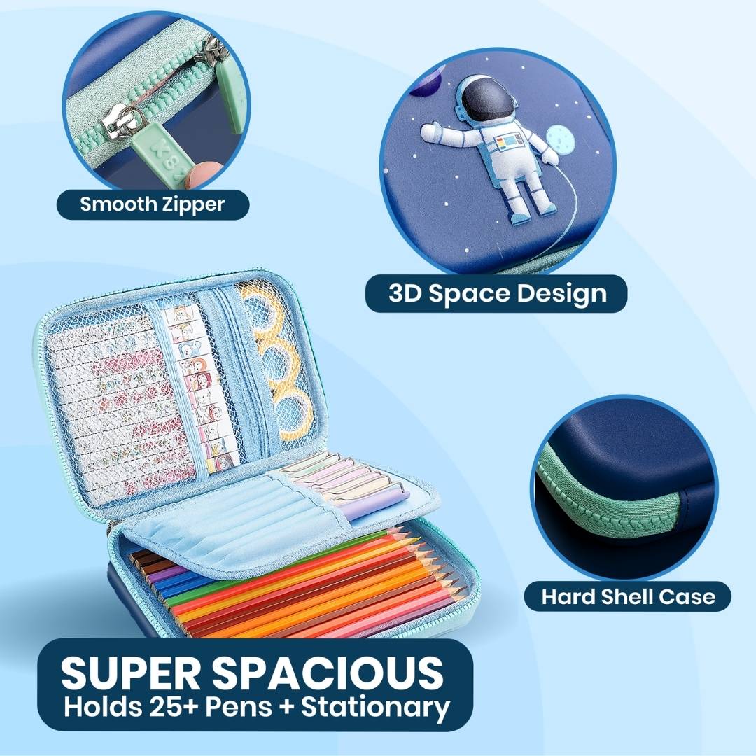 Leo Astronaut water bottle and Blue Space hard shell pencil pouch combo for kids featuring a 900 ml stainless steel bottle, durable EVA pencil pouch, spacious stationery storage, lightweight design, and ideal for school, travel, and everyday use.