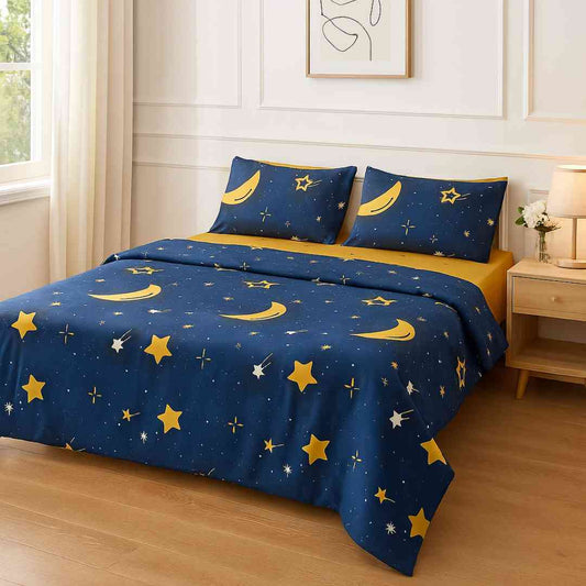 4pc Kids Bed Set – King Size Fitted Bedsheet , Comforter Cover & 2 Pillow Covers | Moon & Star Theme Famyo Shop WH