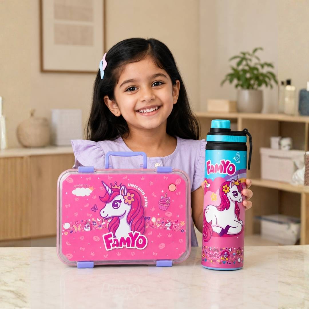 Famyo pack of 2 june the unicorn bento lunch box and water bottle for kids