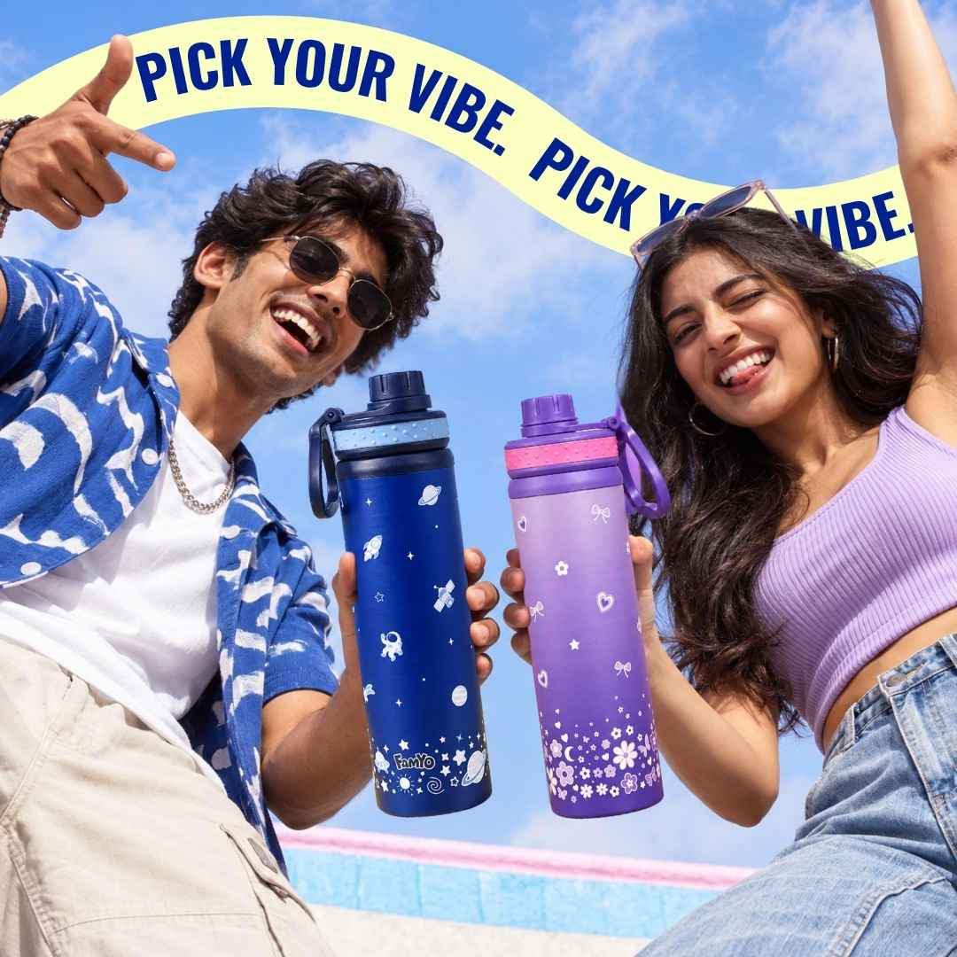 Kids stainless steel water bottle available in June the Unicorn, Rexy the Dinosaur, Leo the Astronaut, Dark Blue Astronaut, and Lavender Unicorn designs, featuring a 900 ml capacity, ideal for school, travel, and everyday hydration.