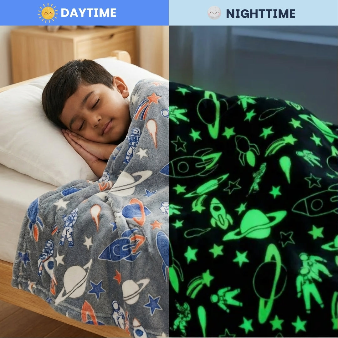 Rocket & Spaceship Glow Blanket | Soft Flannel AC Blanket for All-Season | Perfect Gift for Kids