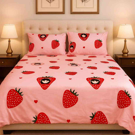 4pc Kids Bed Set – King Size Fitted Bedsheet , Comforter Cover & 2 Pillow Covers | Strawberry Pink Theme Famyo Shop WH