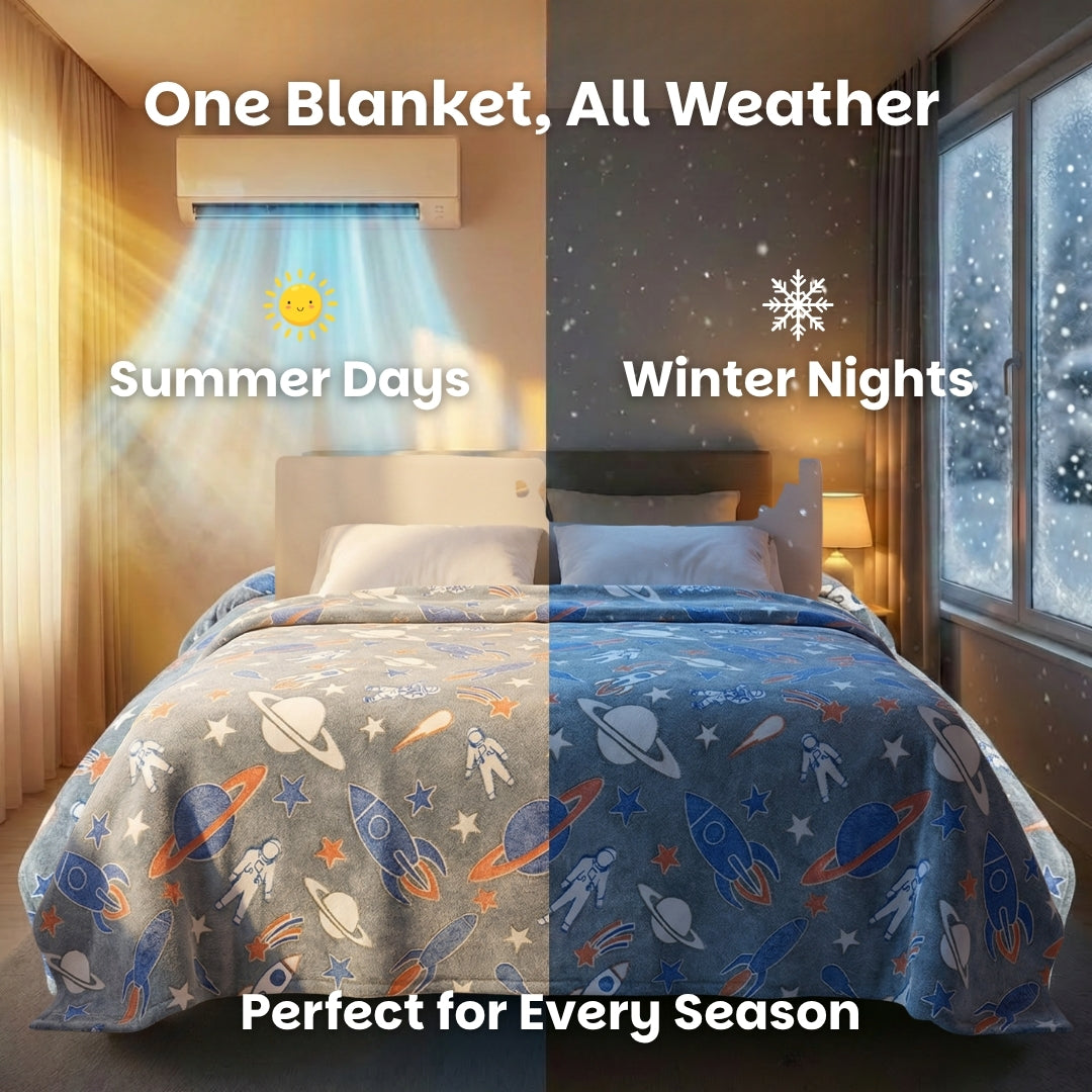 Rocket & Spaceship Glow Blanket | Soft Flannel AC Blanket for All-Season | Perfect Gift for Kids