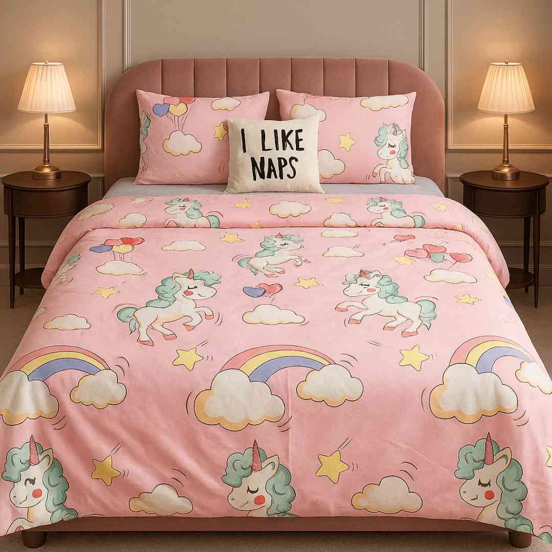 4pc Kids Bed Set – King Size Fitted Bedsheet , Comforter Cover & 2 Pillow Covers | Pink Unicorn & Rainbow Theme Famyo Shop WH