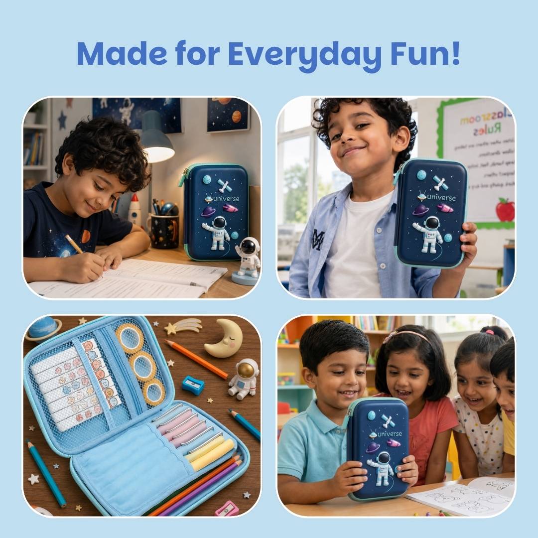 Leo Astronaut water bottle and Blue Space hard shell pencil pouch combo for kids featuring a 900 ml stainless steel bottle, durable EVA pencil pouch, spacious stationery storage, lightweight design, and ideal for school, travel, and everyday use.