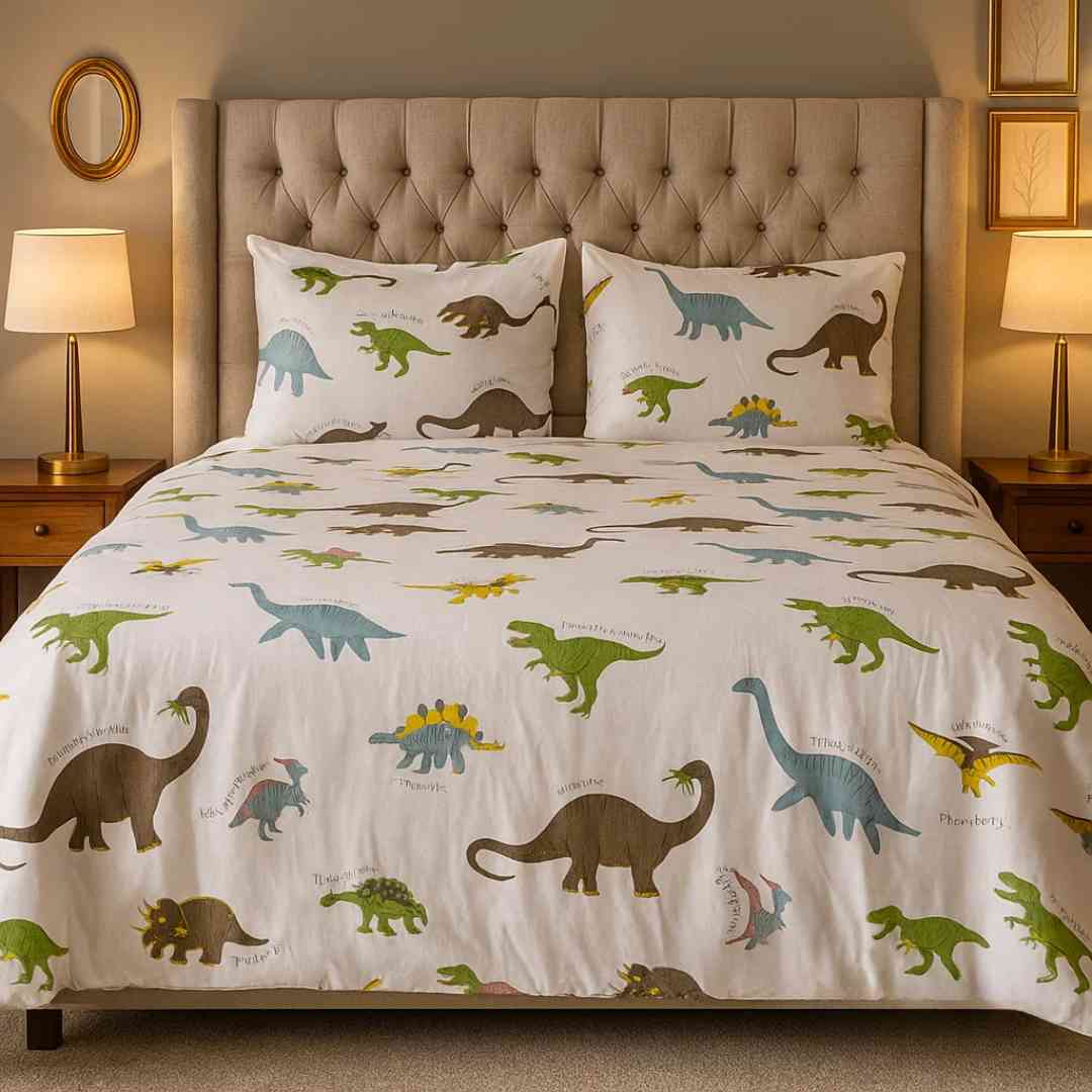 4pc Kids Bed Set – King Size Fitted Bedsheet , Comforter Cover & 2 Pillow Covers | Dino Park Theme Famyo Shop WH