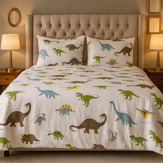 4pc Kids Bed Set – King Size Fitted Bedsheet , Comforter Cover & 2 Pillow Covers | Dino Park Theme Famyo Shop WH