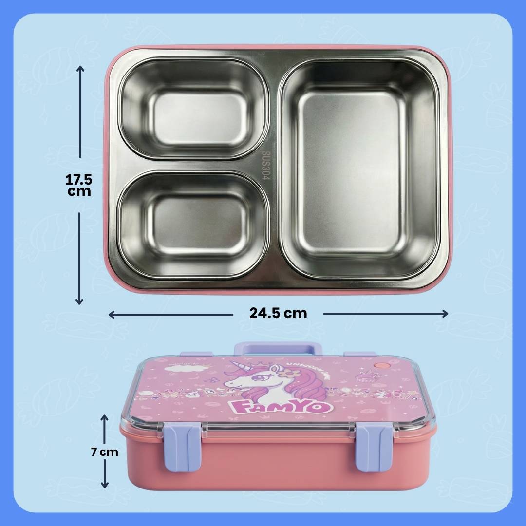 famyo june the unicorn bento lunch box 17.5 cm x 24.5 cm, height  - 7cm, made for kids