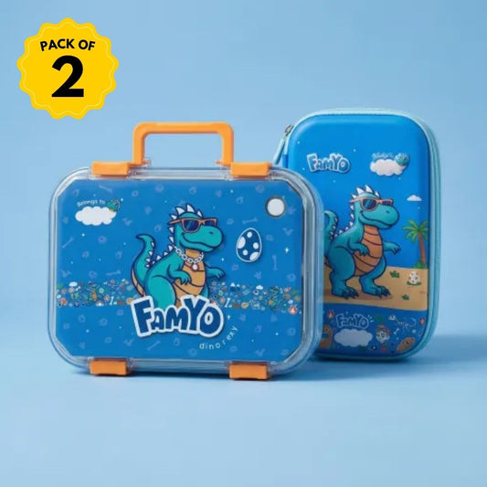 Famyo Rexy Dino School Essentials Kit for Kids | Bento Lunch Box + Pencil Pouch Combo | Leakproof 3-Compartment Tiffin Box & Hard Shell Pencil Case