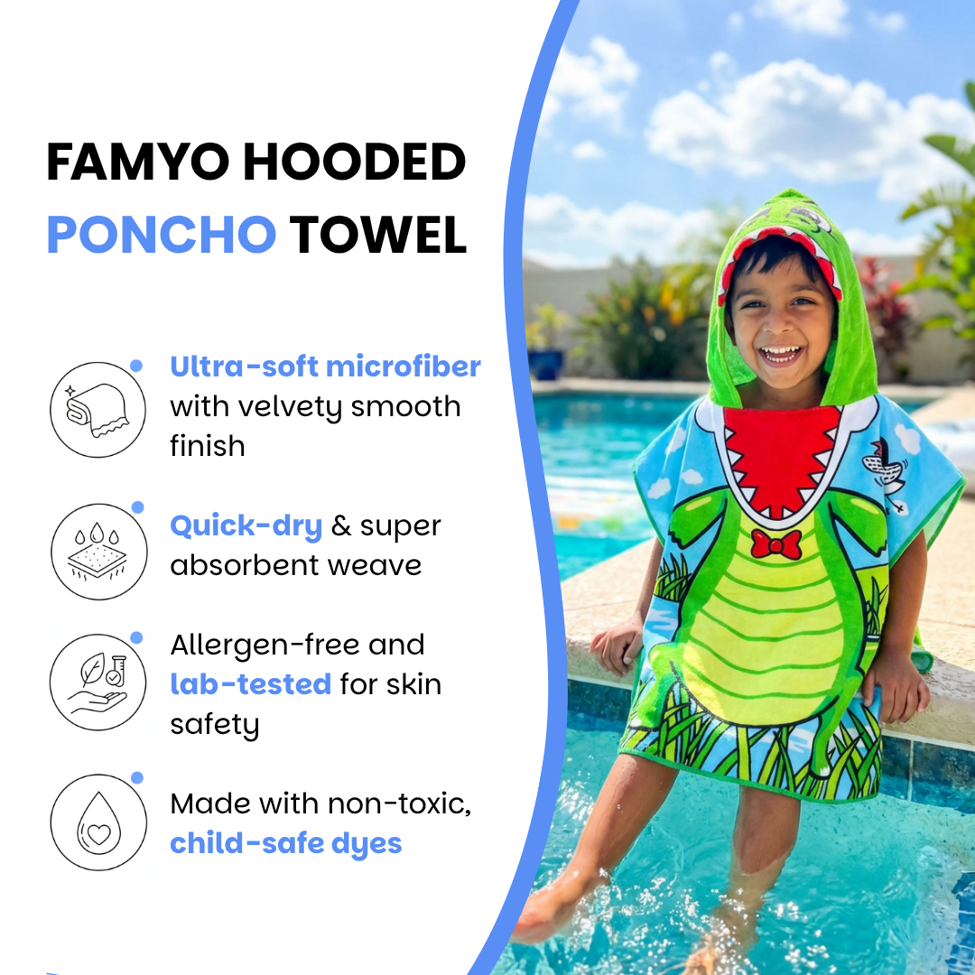 Crocodile Poncho Bath Towel for Kids, 1-7 years, 60 x 60cm | 100% Cotton, Skin-Friendly Microfiber Hooded Toddler Pool Towel | Quick-Drying, Water Absorbing, Full-Size Bathrobe