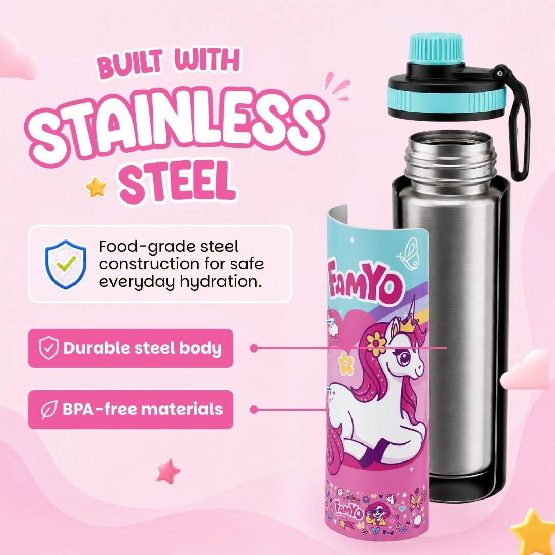 famyo june the unicorn water bottle with stainless steel durable steel body - bpa free materials