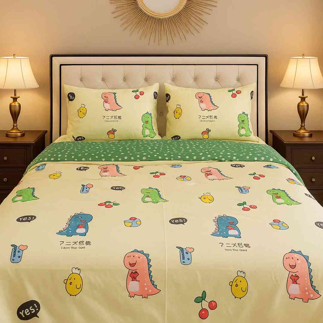 4pc Kids Bed Set – King Size Fitted Bedsheet , Comforter Cover & 2 Pillow Covers | Cute Dino Theme Famyo Shop WH