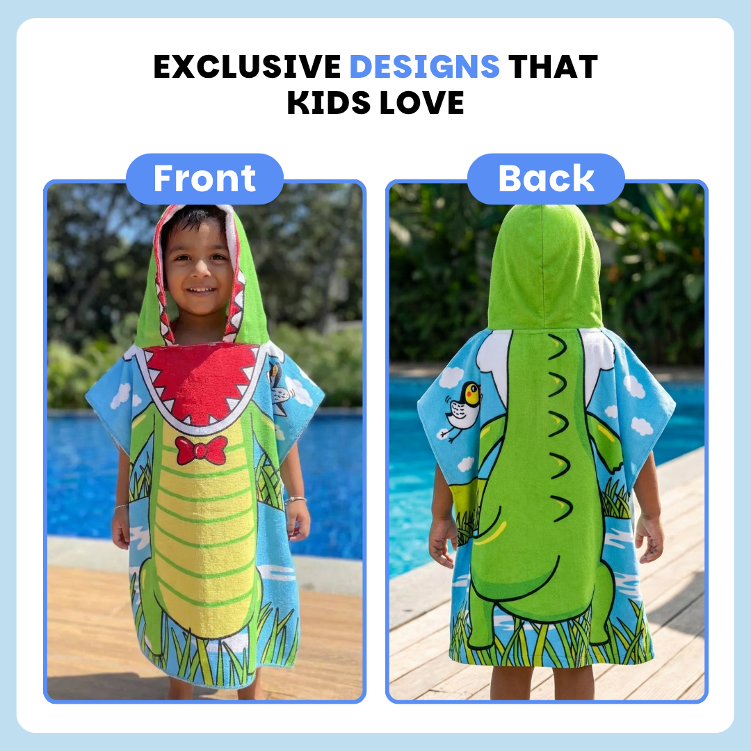 Crocodile Poncho Bath Towel for Kids, 1-7 years, 60 x 60cm | 100% Cotton, Skin-Friendly Microfiber Hooded Toddler Pool Towel | Quick-Drying, Water Absorbing, Full-Size Bathrobe