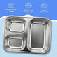 Stainless steel compartmentalized tray with food-grade steel, BPA-free material, and odor-resistant features on a blue background.