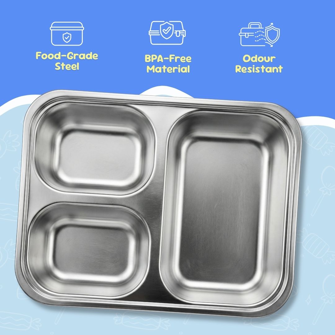 Stainless steel compartmentalized tray with food-grade steel, BPA-free material, and odor-resistant features on a blue background.