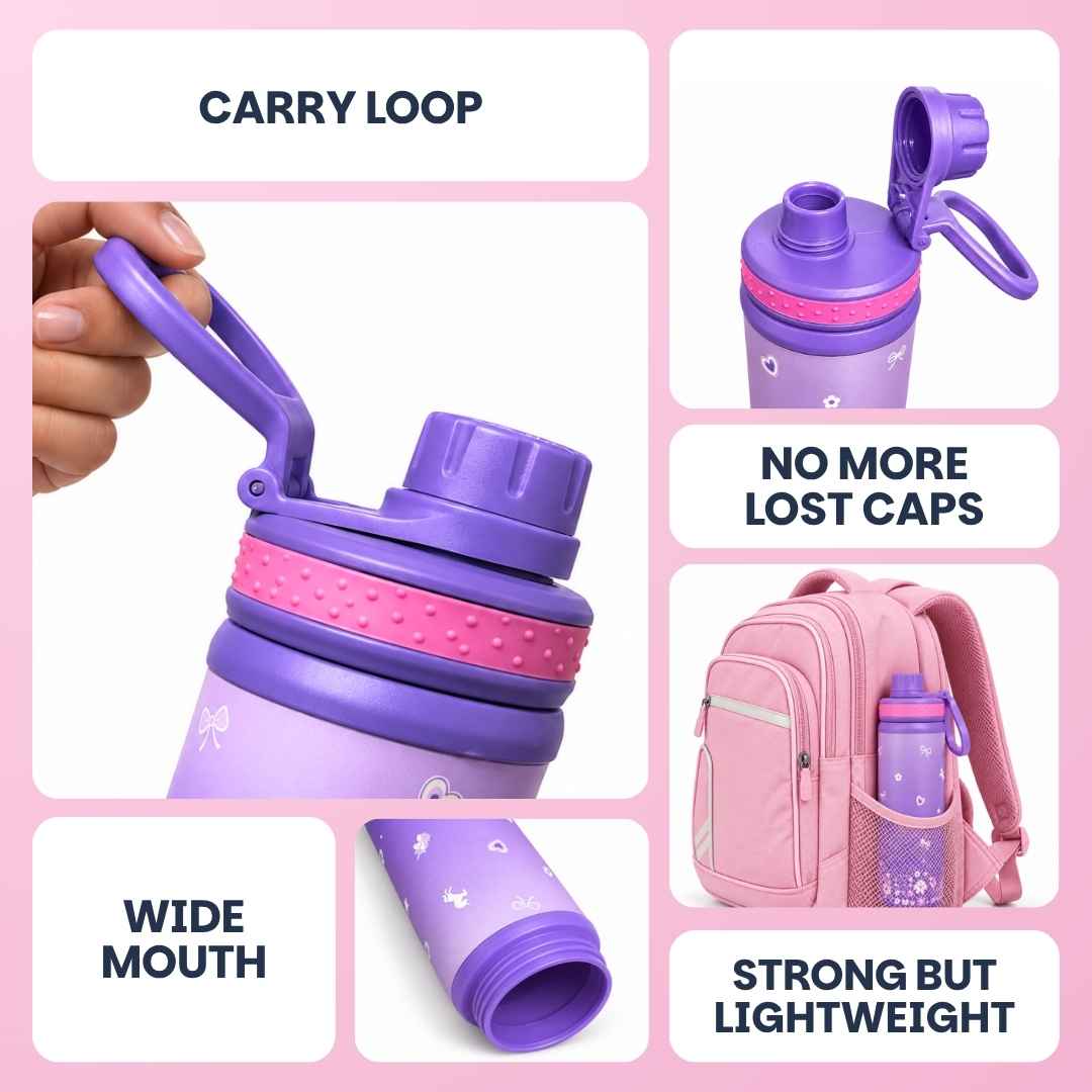 Kids stainless steel water bottle available in June the Unicorn, Rexy the Dinosaur, Leo the Astronaut, Dark Blue Astronaut, and Lavender Unicorn designs, featuring a 900 ml capacity, ideal for school, travel, and everyday hydration.