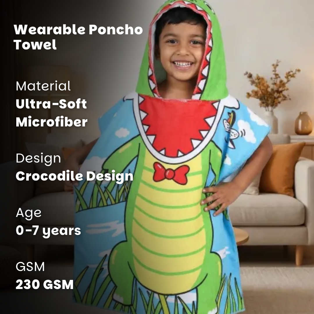 Crocodile Poncho Bath Towel for Kids, 1-7 years, 60 x 60cm | 100% Cotton, Skin-Friendly Microfiber Hooded Toddler Pool Towel | Quick-Drying, Water Absorbing, Full-Size Bathrobe