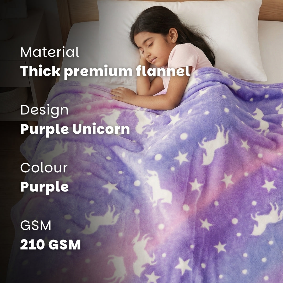 Purple Unicorn Glow Blanket | Soft Flannel AC Blanket for All-Season | Perfect Gift for Kids