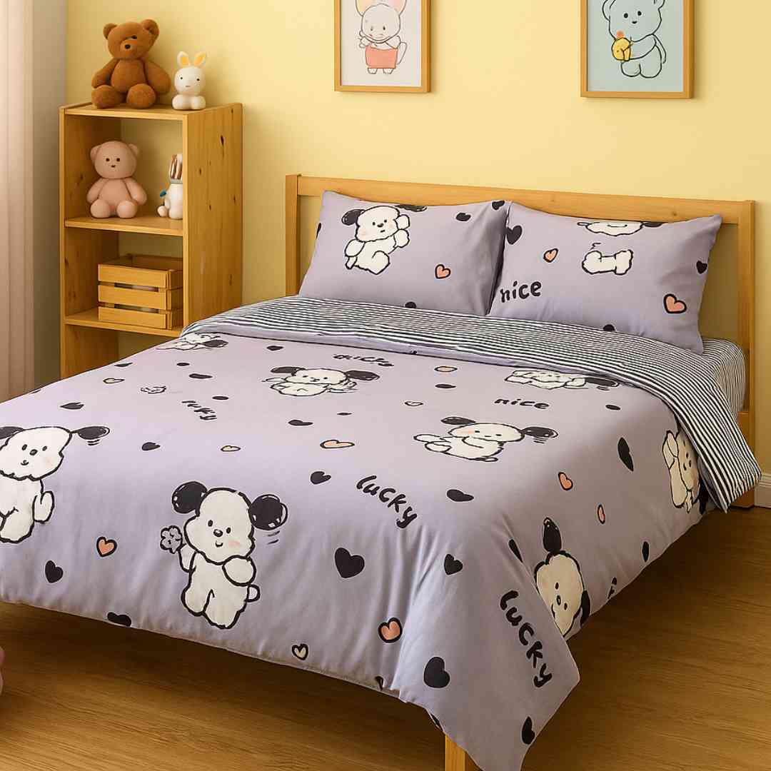 4pc Kids Bed Set – Queen Size Fitted Bedsheet , Comforter Cover & 2 Pillow Covers | Cute Puppy & Flowers Famyo Shop WH