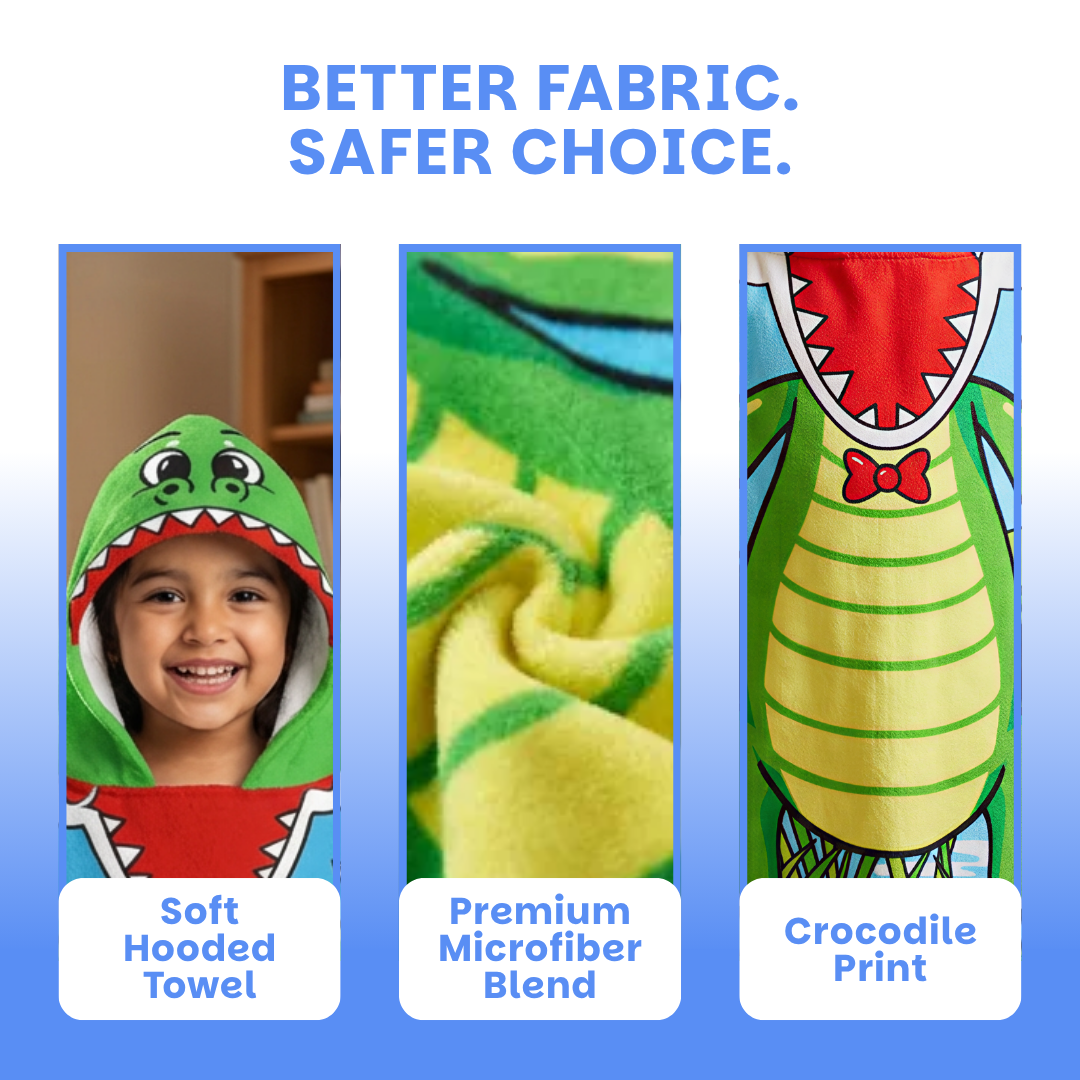 Crocodile Poncho Bath Towel for Kids, 1-7 years, 60 x 60cm | 100% Cotton, Skin-Friendly Microfiber Hooded Toddler Pool Towel | Quick-Drying, Water Absorbing, Full-Size Bathrobe