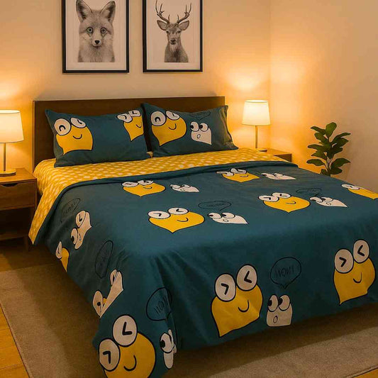 4pc Kids Bed Set – King Size Fitted Bedsheet , Comforter Cover & 2 Pillow Covers | Cute Smiles Theme Famyo Shop WH
