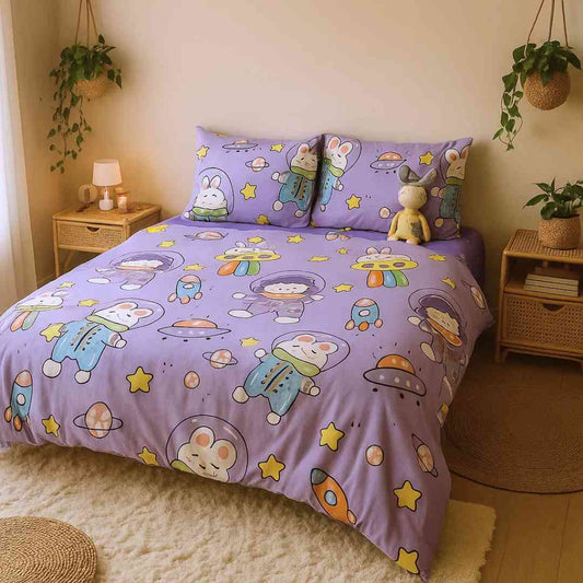 4pc Kids Bed Set – King Size Fitted Bedsheet , Comforter Cover & 2 Pillow Covers | Purple Astronaut Theme Famyo Shop WH
