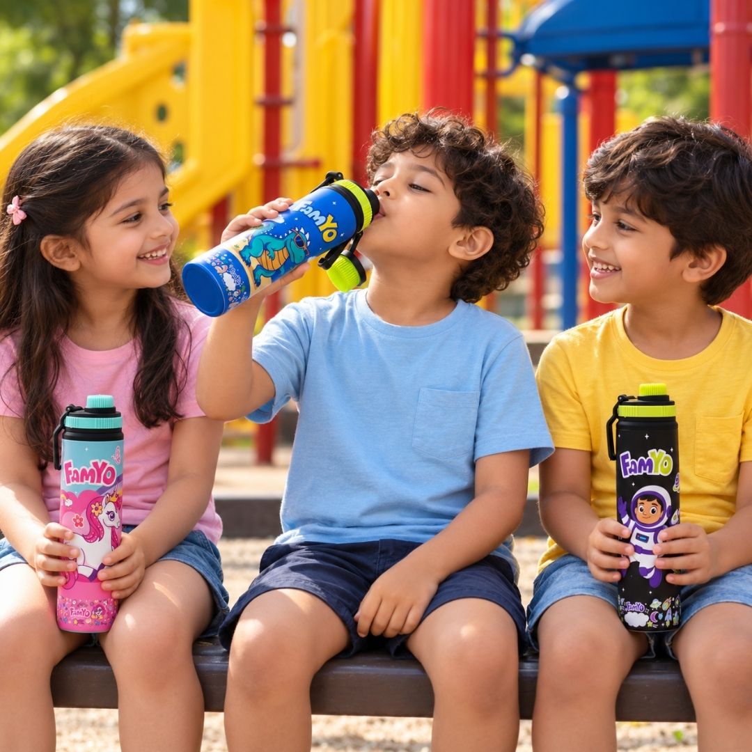 Leo the Astronaut, Rexy the Dinosaur & June the Unicorn Water Bottle Set for Kids | 900 ML Stainless Steel School Water Bottles