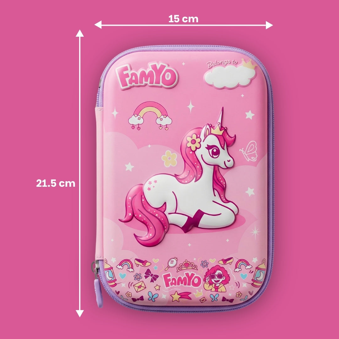 Famyo Pink pencil case with unicorn design for kids school stationery organisation - perfect to carry
