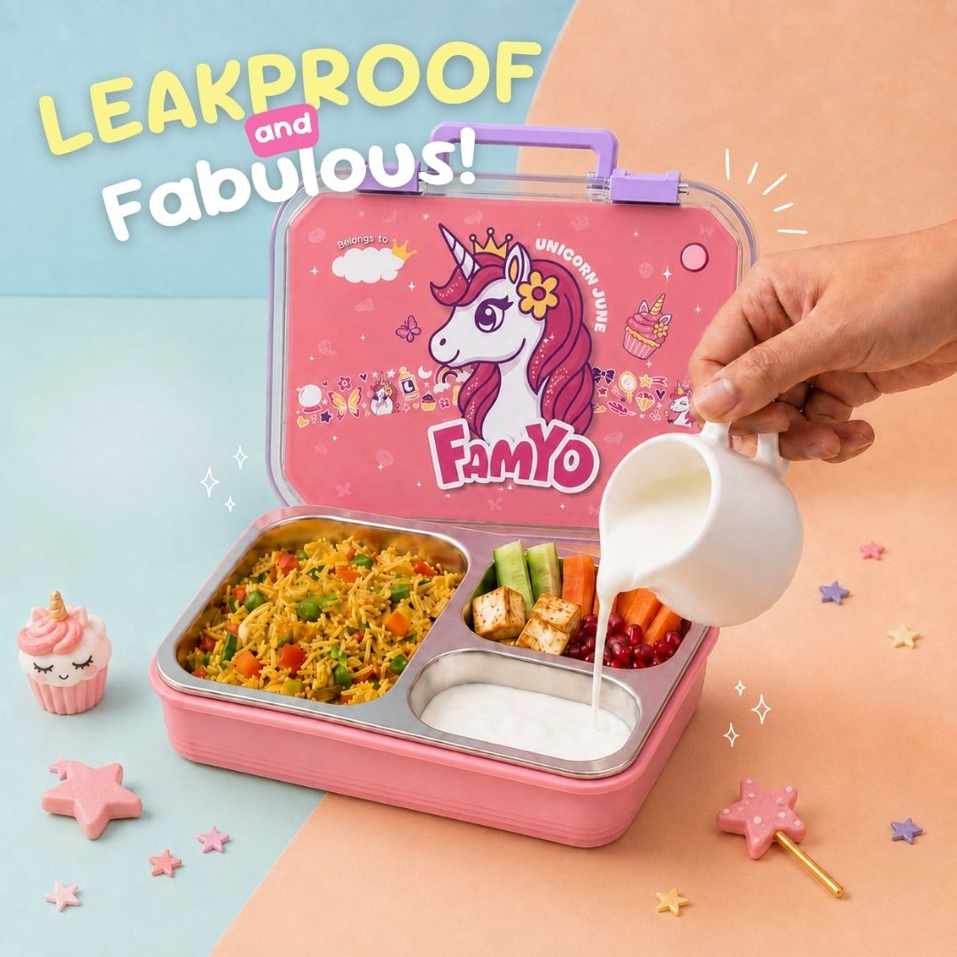 June the Unicorn bento lunch box for kids featuring 3 stainless steel compartments, 800 ml leakproof design, BPA-free outer body, child-friendly locking clips, organised meal storage, and perfect for school lunches, travel, daycare, and everyday use.