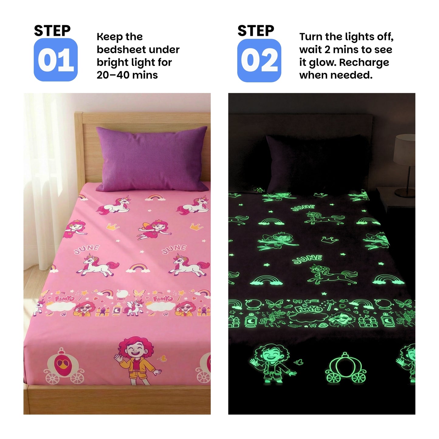Famyo glow in the dark bedsheet - how to charge - leave it under light/ sunlight for sometike and then watch it glow.