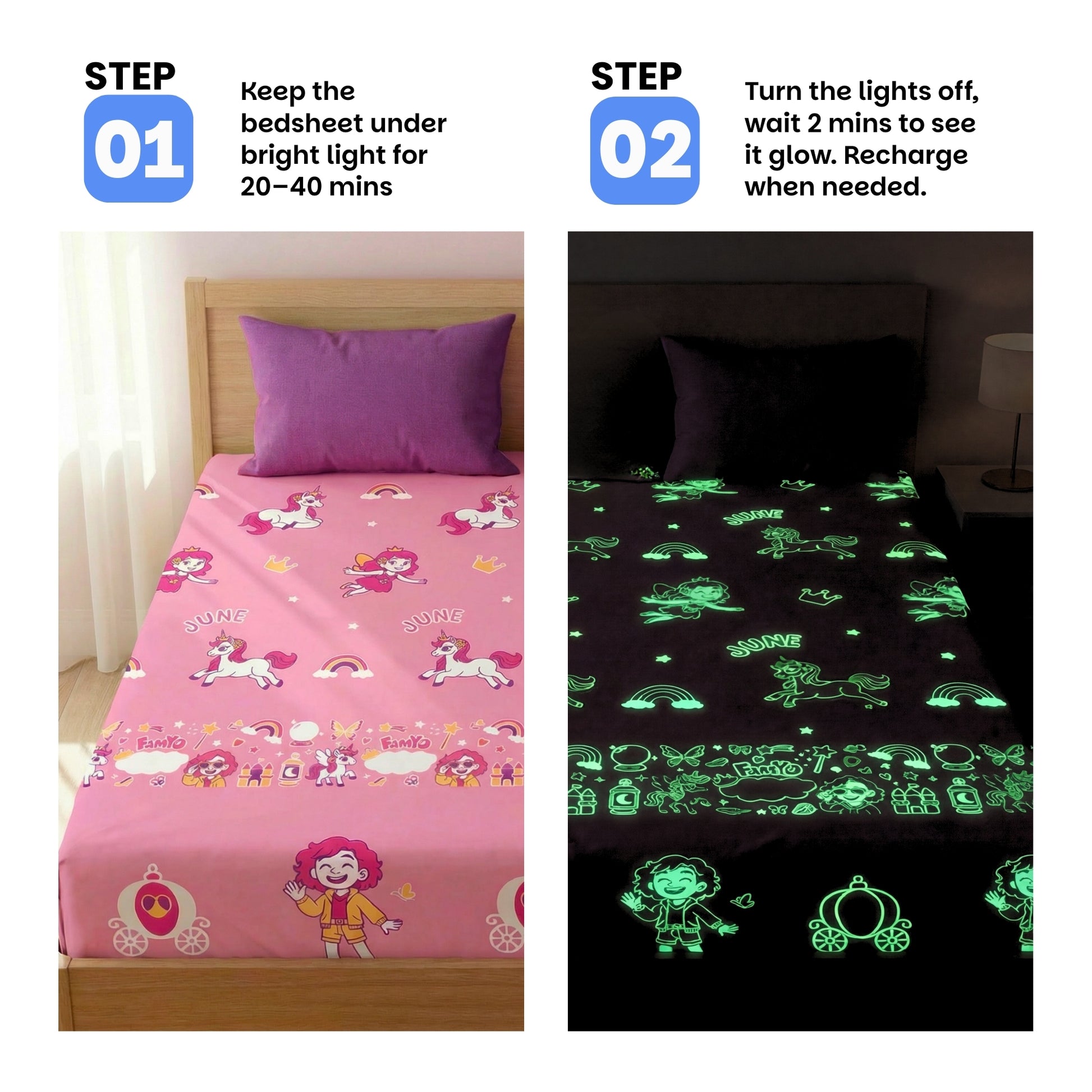 Famyo glow in the dark bedsheet - how to charge - leave it under light/ sunlight for sometike and then watch it glow.