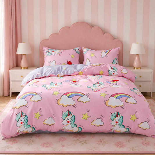 Pink Unicorn & Rainbow King Size AC Comforter Set | 4 & 5 Piece Options | 250 TC Cotton Fitted Bedsheet | 150 GSM Lightweight All-Season Bedding Set with Pillow Covers