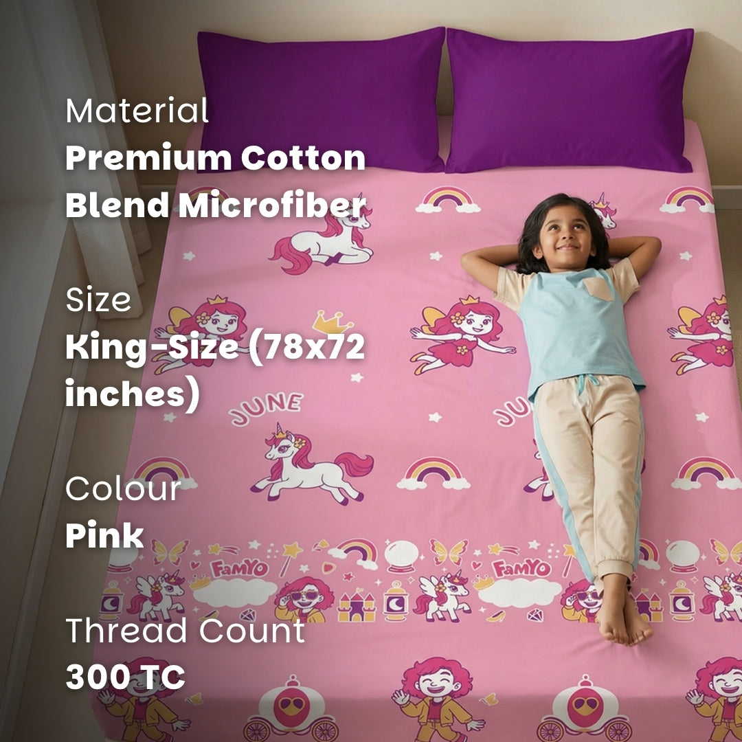 Pack of 2 June the Unicorn glow bedsheet sets featuring king-size fitted bedsheets, 4 matching pillow covers, premium 300 TC cotton-blend microfiber, and safe glow-in-the-dark technology for kids.