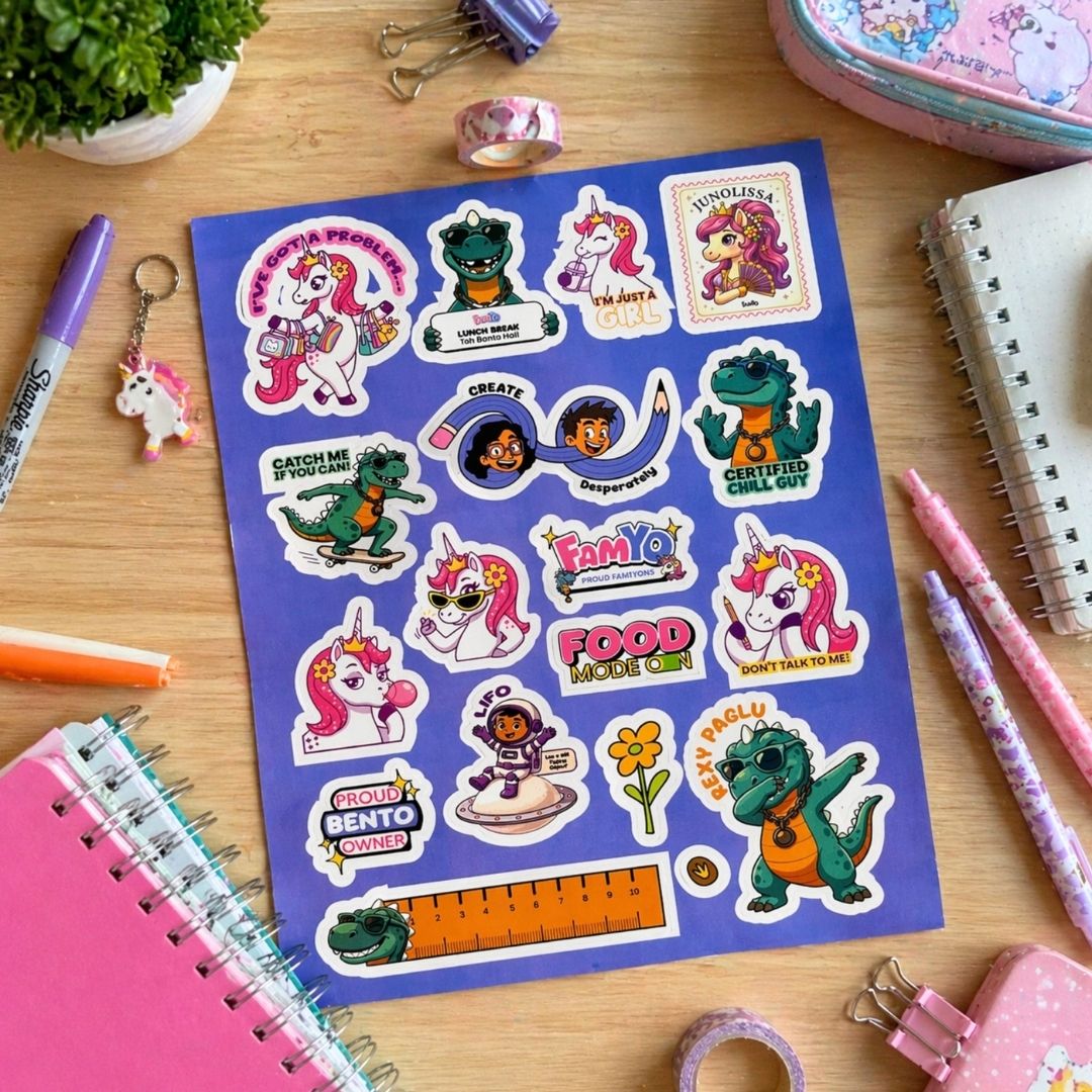 Famyo Kids Sticker Sheets – Fun Famyoverse Stickers for Kids | Rexy Dino & June Unicorn Designs