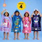 Purple June the Unicorn, Rexy the Dino, June the Unicorn, and Dark Blue Astronaut hooded poncho towel set of 4 for kids, featuring soft quick-dry microfiber towels for bath time, swimming, beach trips, pool days, and travel.