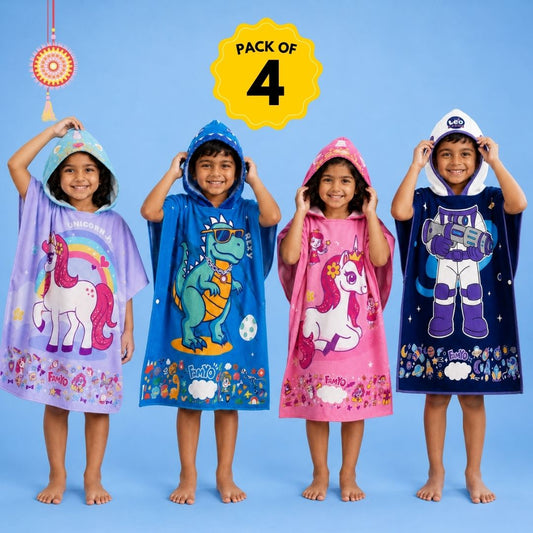 Purple June the Unicorn, Rexy the Dino, June the Unicorn, and Dark Blue Astronaut hooded poncho towel set of 4 for kids, featuring soft quick-dry microfiber towels for bath time, swimming, beach trips, pool days, and travel.
